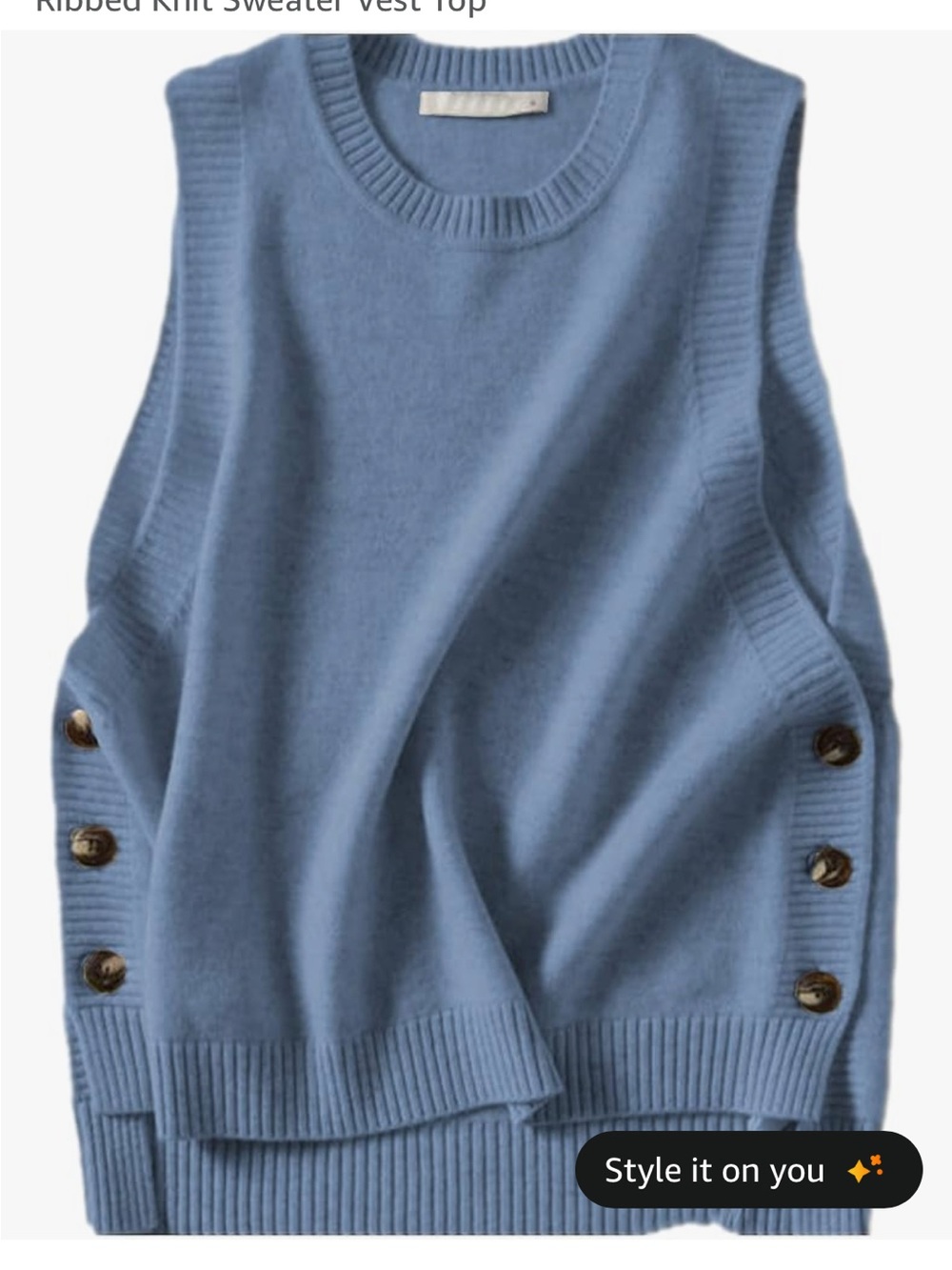Button-Side Blue Knit Sweater Vest
